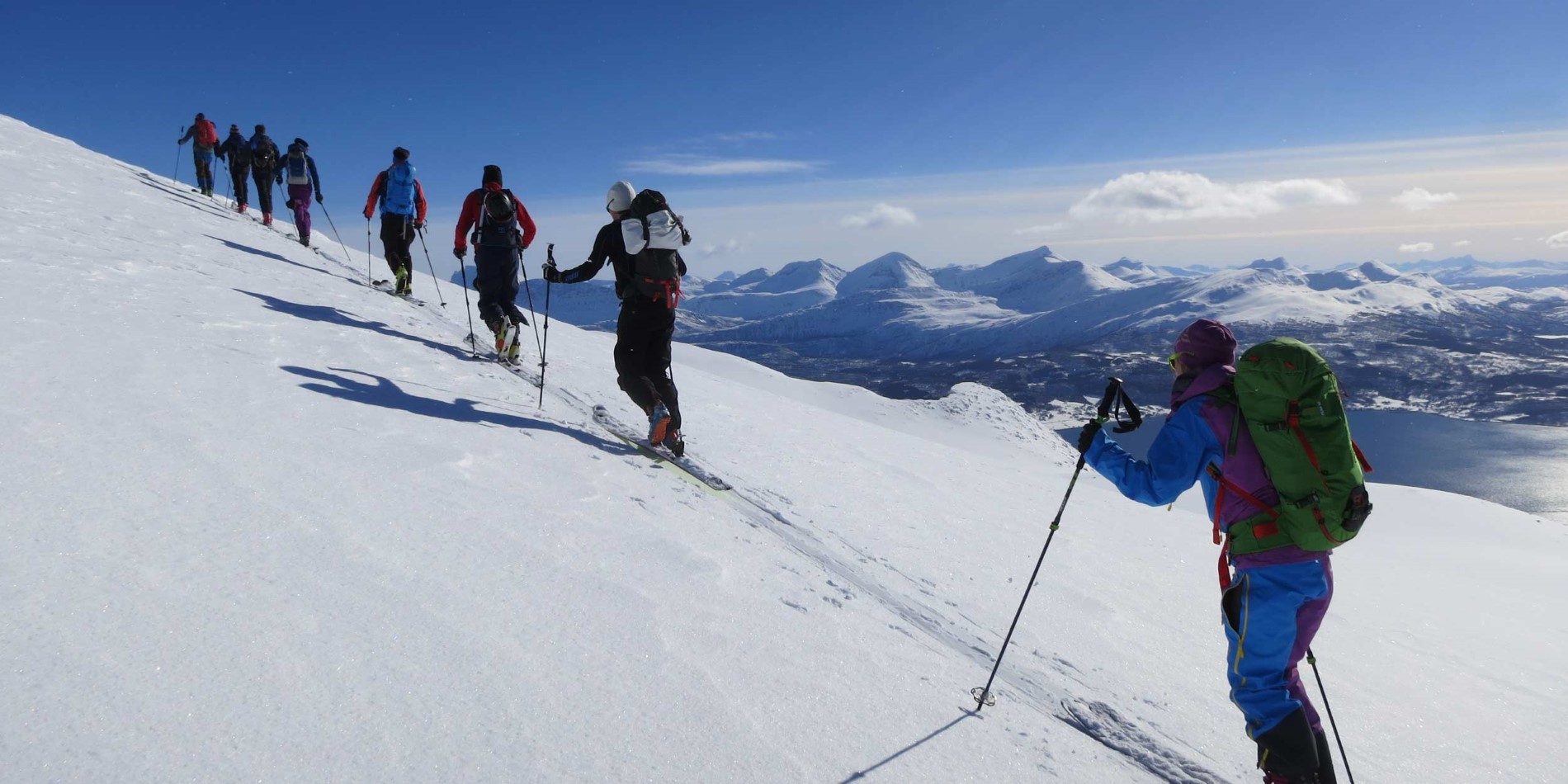 En grupp människor åker skidor nedför en snötäckt sluttning